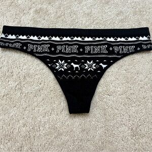 New Victoria's Secret PINK Black White Holiday Seamless Thong Panties VS Large L